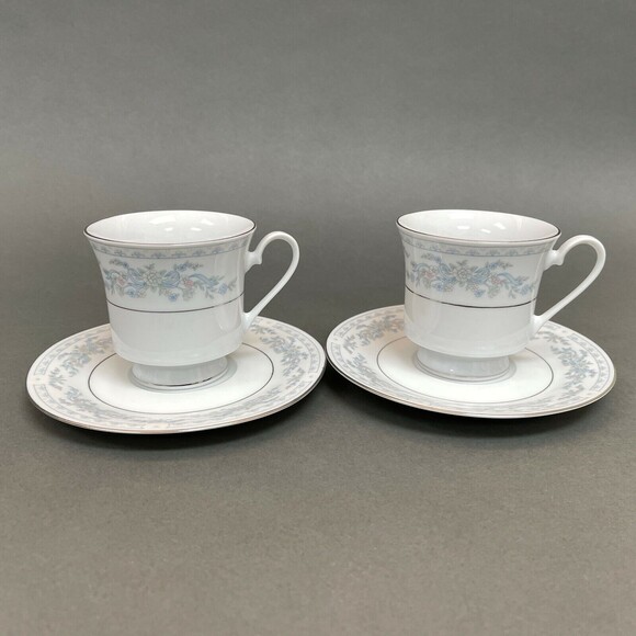 Somerset by NL Excel Cups and Saucer Sets Plates Floral Platinum Trim Lot of 4 - Picture 1 of 8